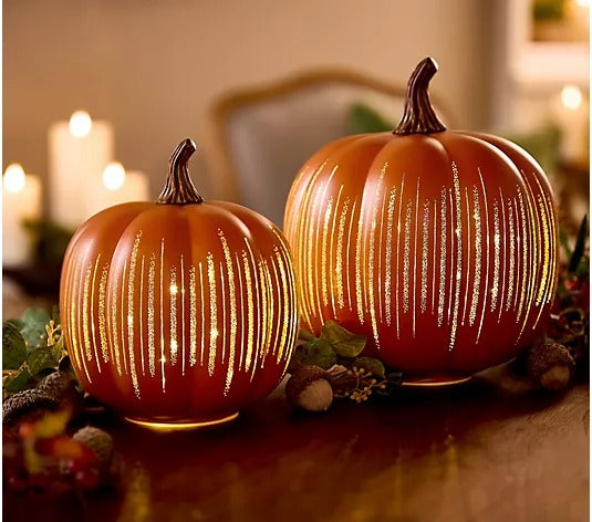 Set of 2 Illuminated Starry Night Glass Pumpkins by Valerie